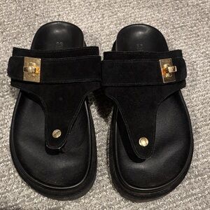 Steve Madden Black Suede Thong Sandals with Gold Hardware